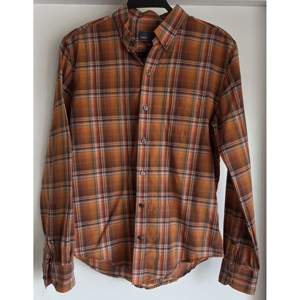 Vince Button Down Shirt Men S Plaid Brown Cotton Long Sleeve Collared Classic